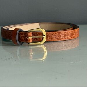 Skinny Tan Leather Belt with Gold Buckle & Embossed Design